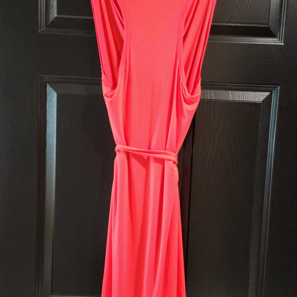 Venus Coral Red Cowl Neck Sleeveless Draped Cocktail Dress - Tie Waist - Picture 2 of 8